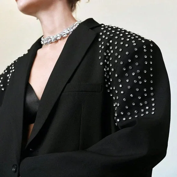Black Elegant Formal Women's Oversized Rhinestone detailed Blazer - Picture 2 of 9